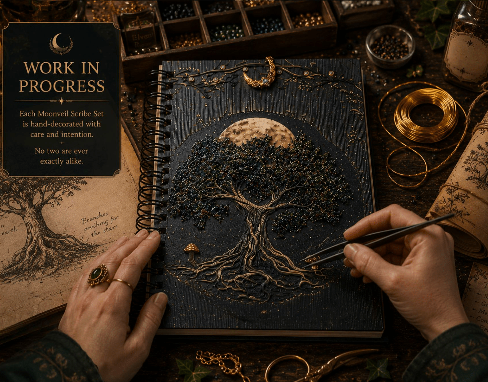 Moonveil Scribe Set - A Handcrafted Fantasy Writing Collection - Elven Rose