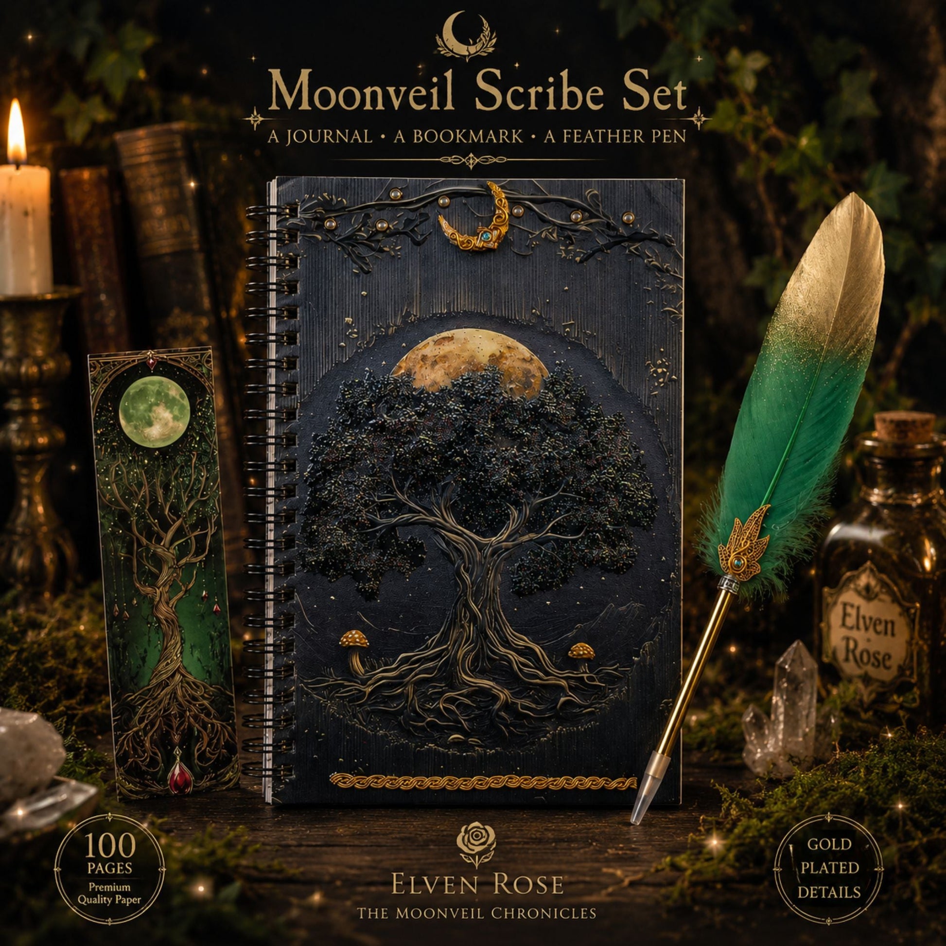 Moonveil Scribe Set - A Handcrafted Fantasy Writing Collection - Elven Rose