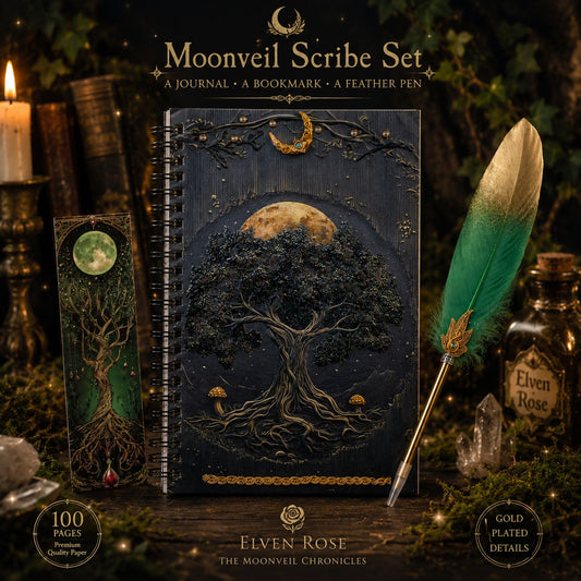 Moonveil Scribe Set - A Handcrafted Fantasy Writing Collection - Elven Rose