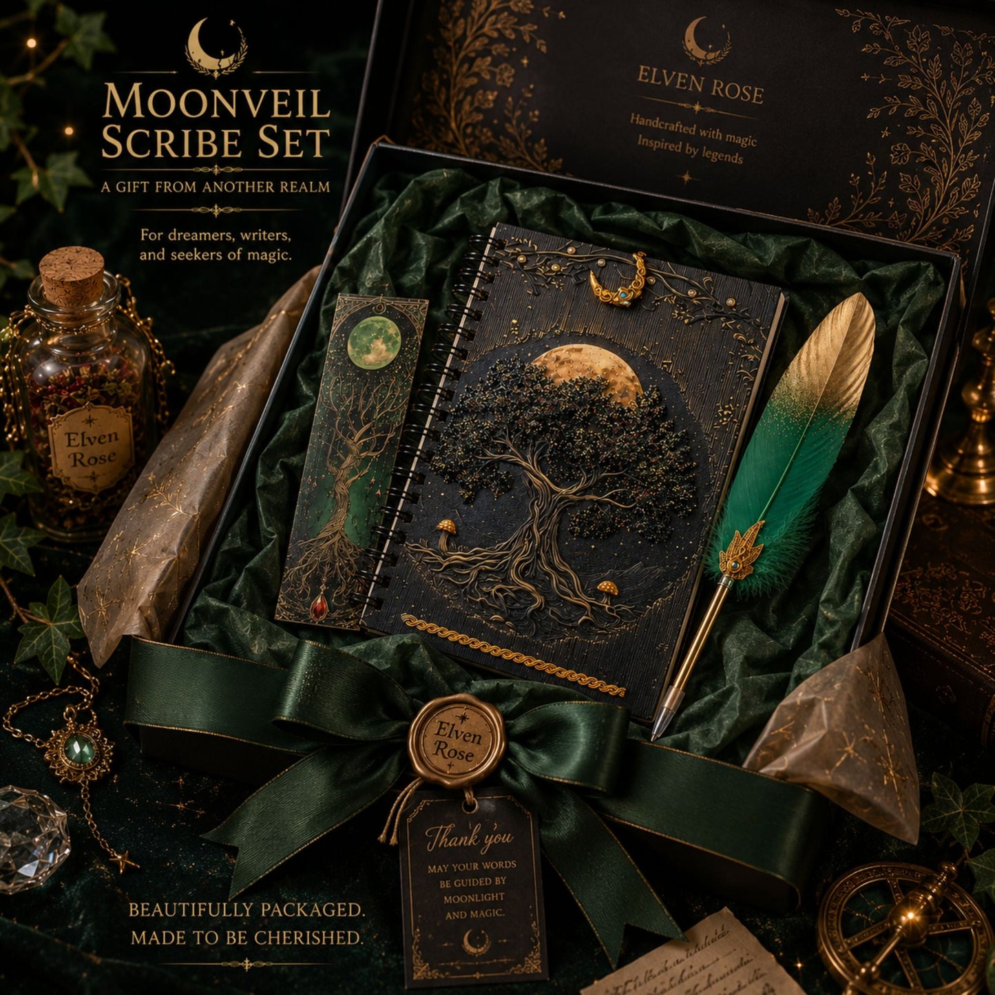 Moonveil Scribe Set - A Handcrafted Fantasy Writing Collection - Elven Rose