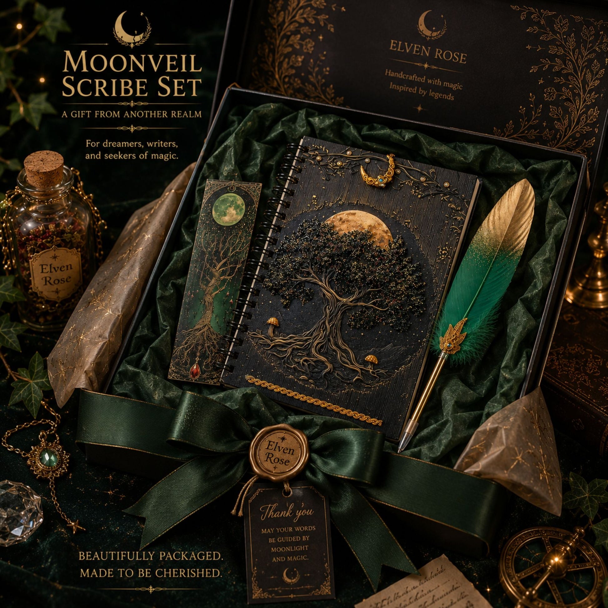 Moonveil Scribe Set - A Handcrafted Fantasy Writing Collection - Elven Rose