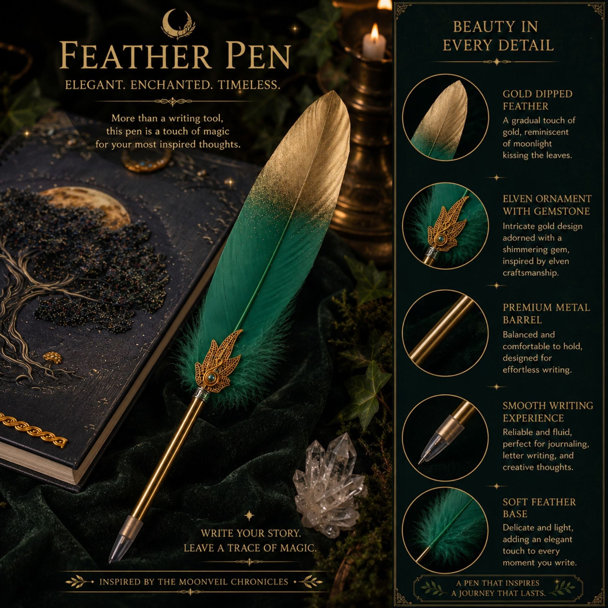 Moonveil Scribe Set - A Handcrafted Fantasy Writing Collection - Elven Rose