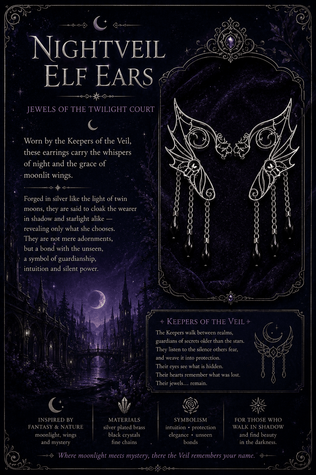 Nightveil Elf Ears – Silver Elven Ear Cuffs with Black Crystals - Elven Rose