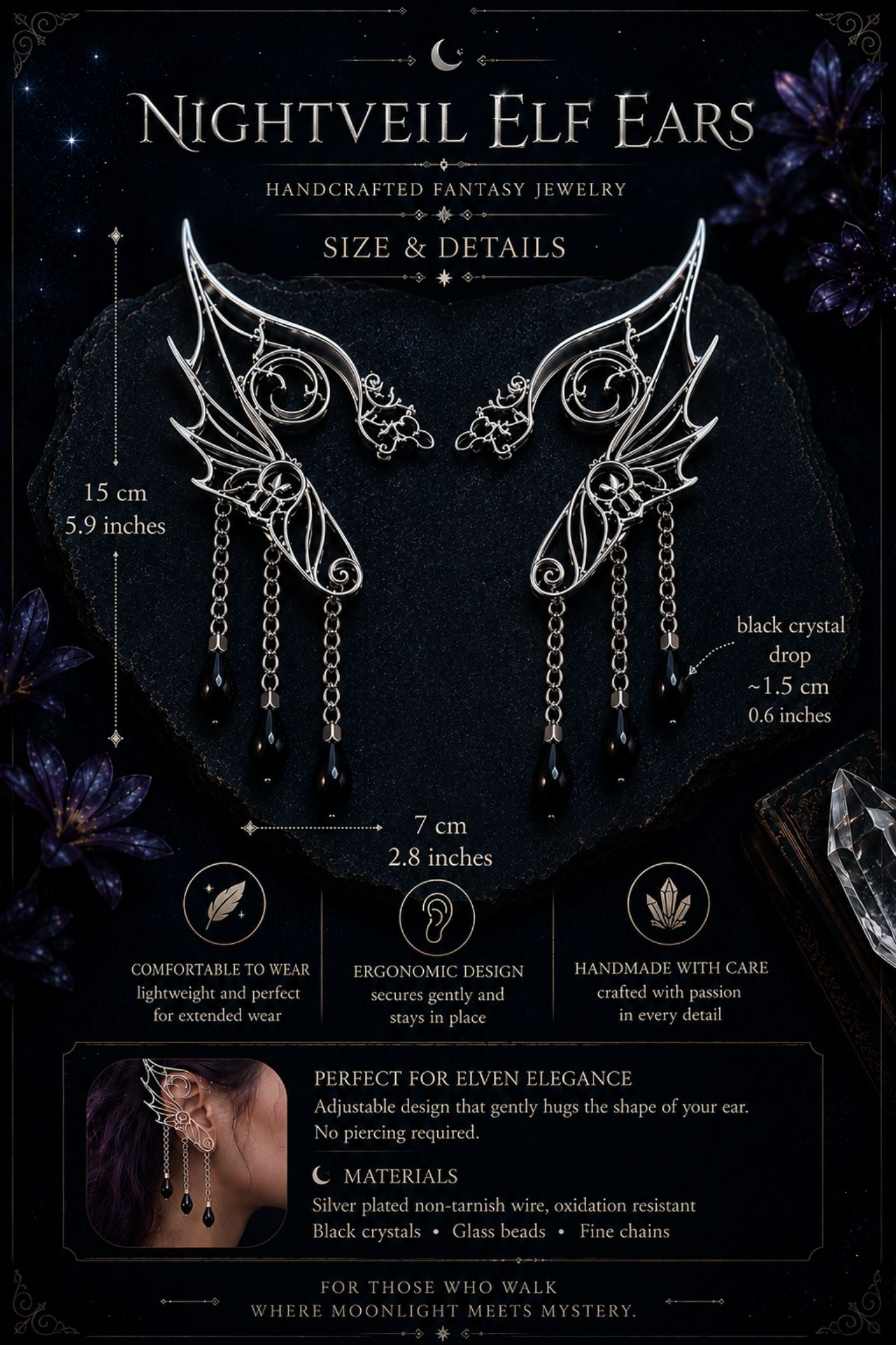 Nightveil Elf Ears – Silver Elven Ear Cuffs with Black Crystals - Elven Rose