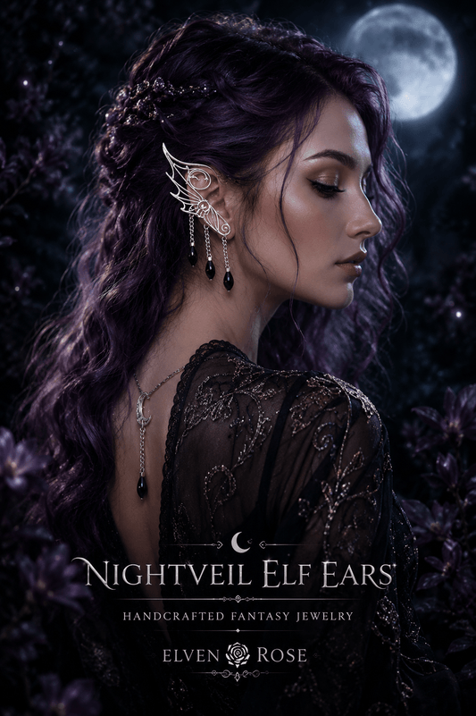 Nightveil Elf Ears – Silver Elven Ear Cuffs with Black Crystals - Elven Rose