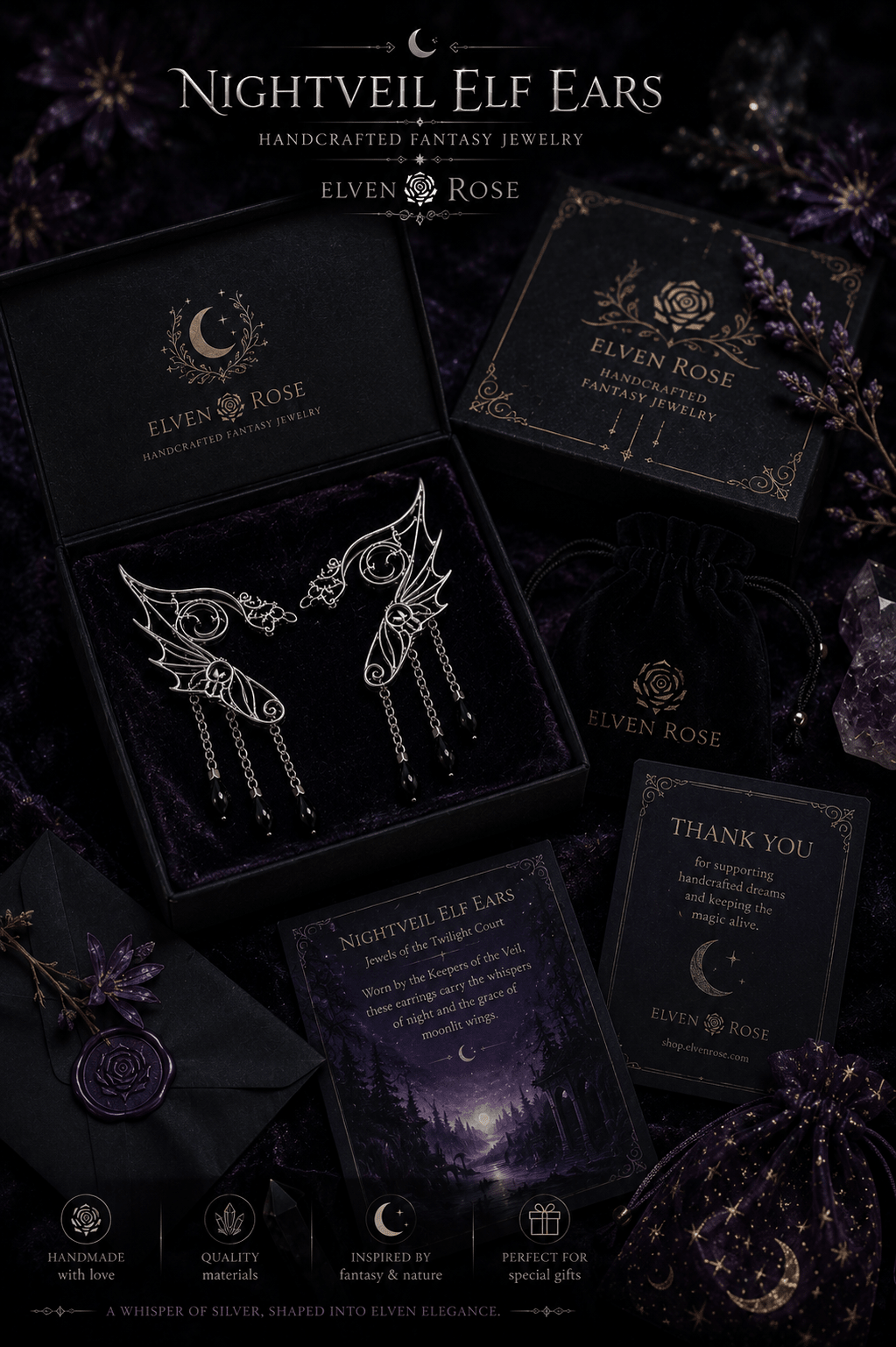 Nightveil Elf Ears – Silver Elven Ear Cuffs with Black Crystals - Elven Rose