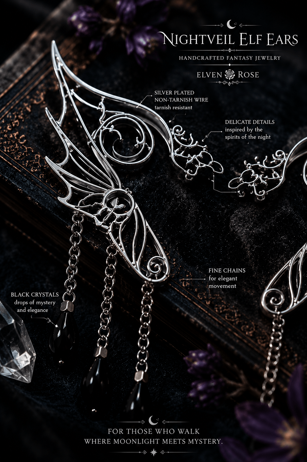 Nightveil Elf Ears – Silver Elven Ear Cuffs with Black Crystals - Elven Rose