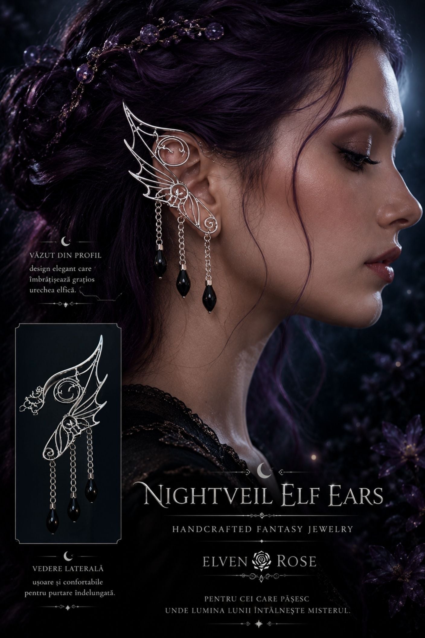 Nightveil Elf Ears – Silver Elven Ear Cuffs with Black Crystals - Elven Rose