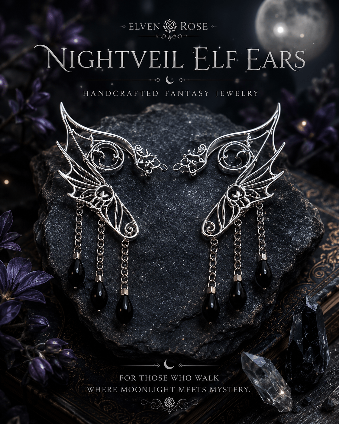 Nightveil Elf Ears – Silver Elven Ear Cuffs with Black Crystals - Elven Rose