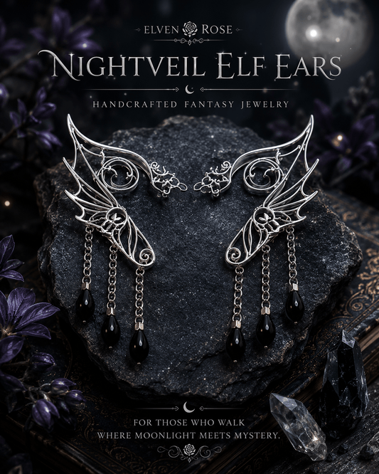 Nightveil Elf Ears – Silver Elven Ear Cuffs with Black Crystals - Elven Rose