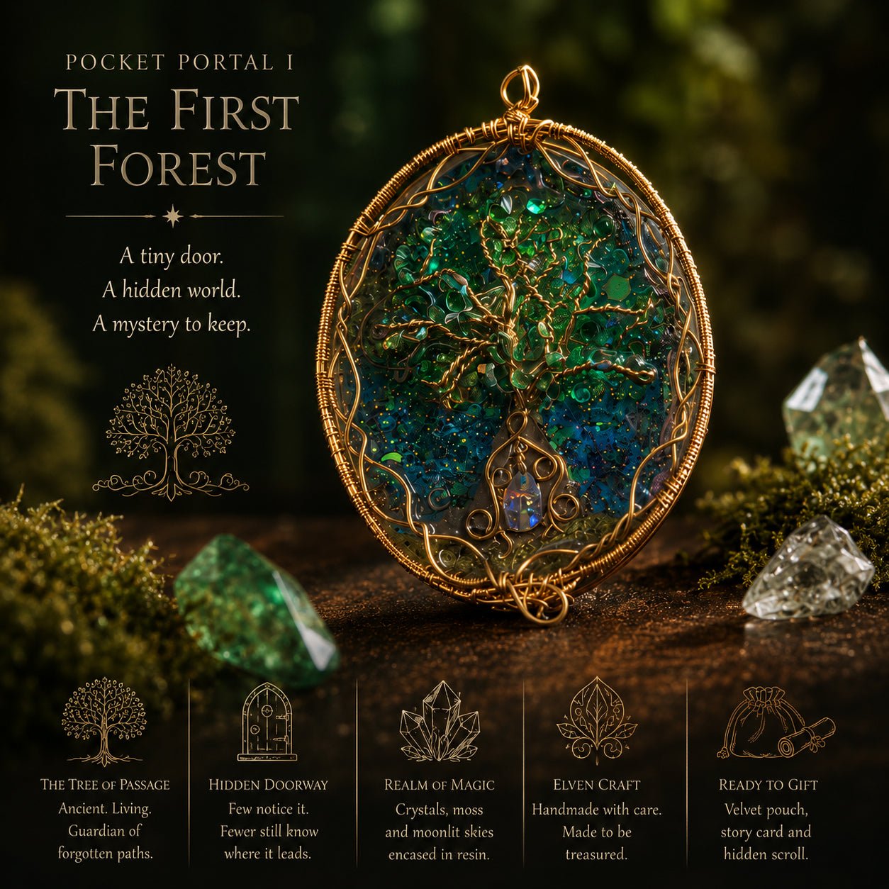 A miniature realm preserved in resin and framed with intricate wirework. Pocket Portal I: The First Forest.