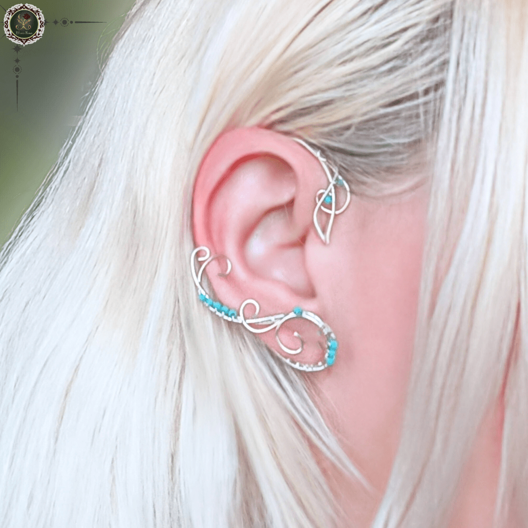 Silver and Turquoise Ear Wrap - Elven Rose