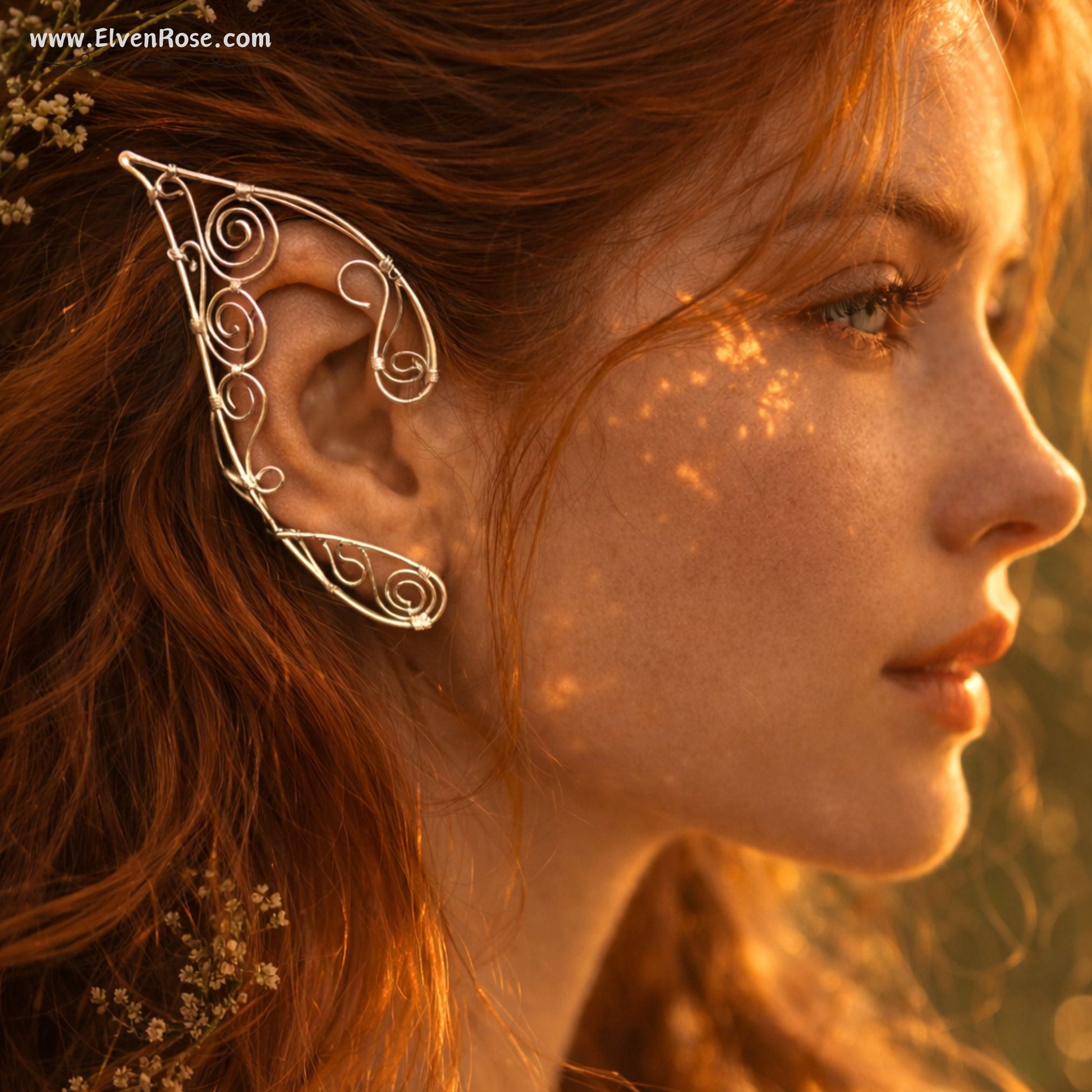 "Silver Swirl" Fantasy Elf Ear Earrings - Elven Rose