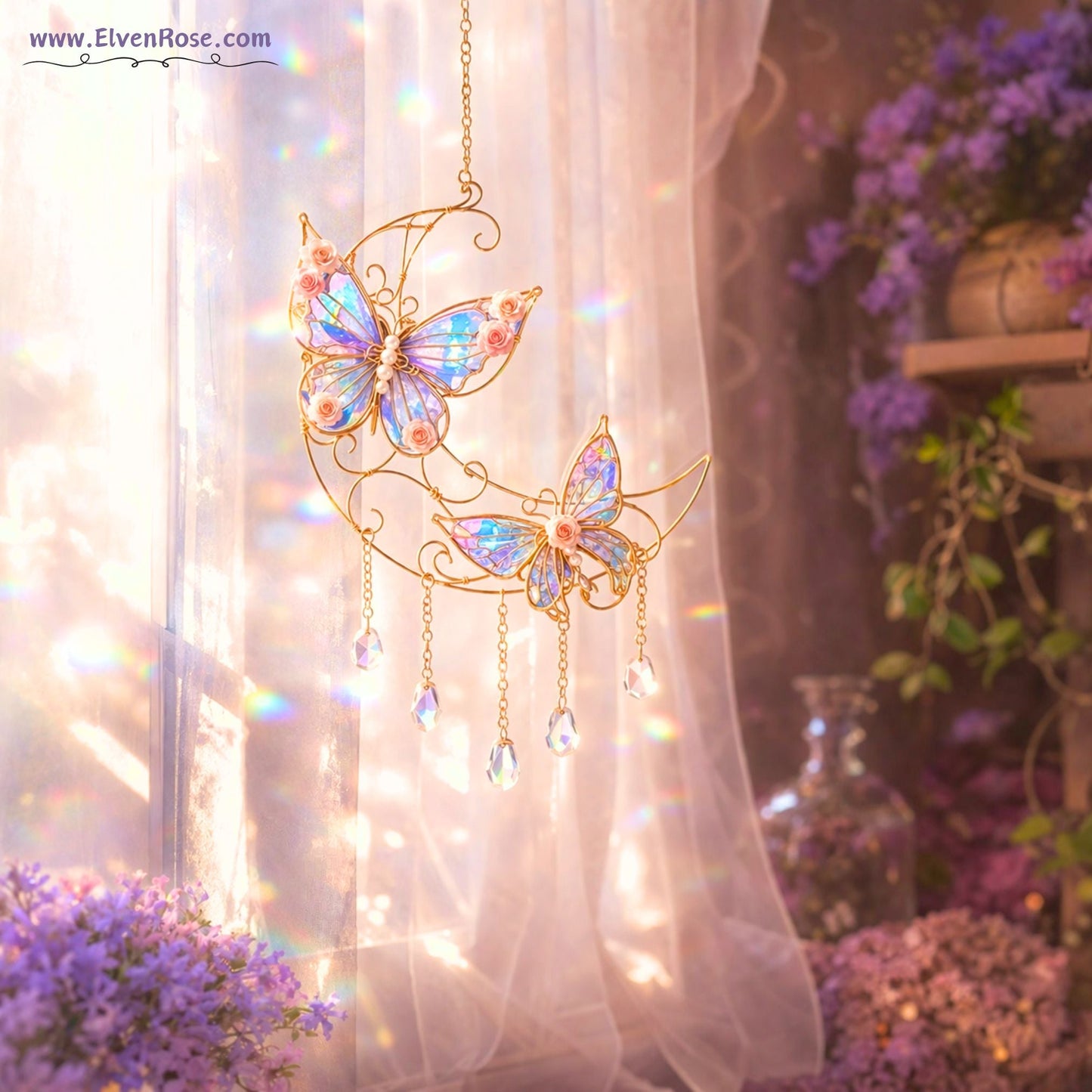 Skyveil Butterflies Suncatcher – Iridescent Fantasy Window Ornament - Elven Rose