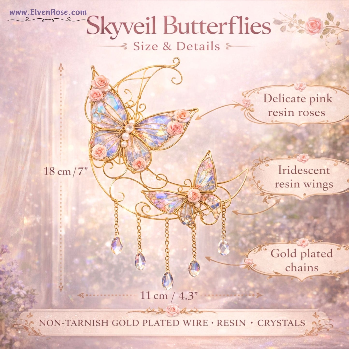 Skyveil Butterflies Suncatcher – Iridescent Fantasy Window Ornament - Elven Rose