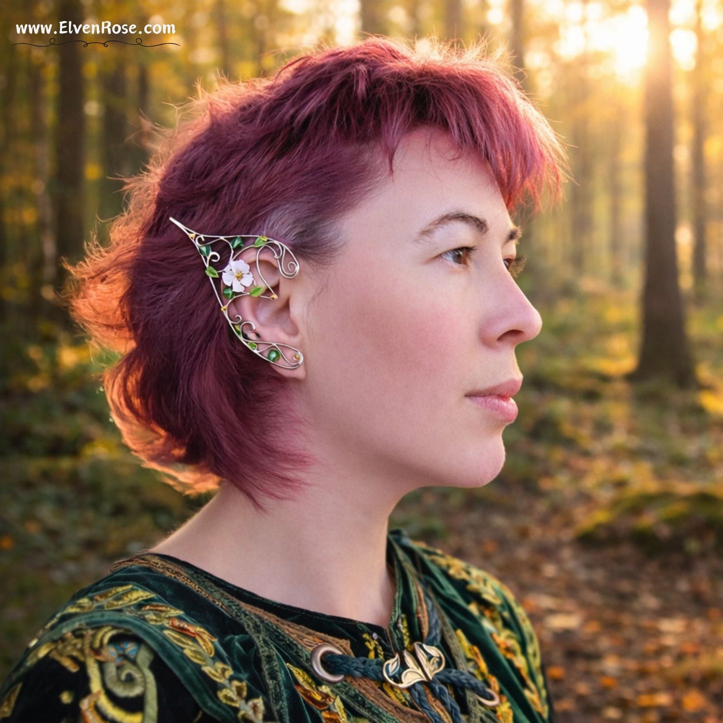 "Spring Blossom Elf Ear Cuffs" Handcrafted Elven Earrings with Flowers & Crystals - Elven Rose