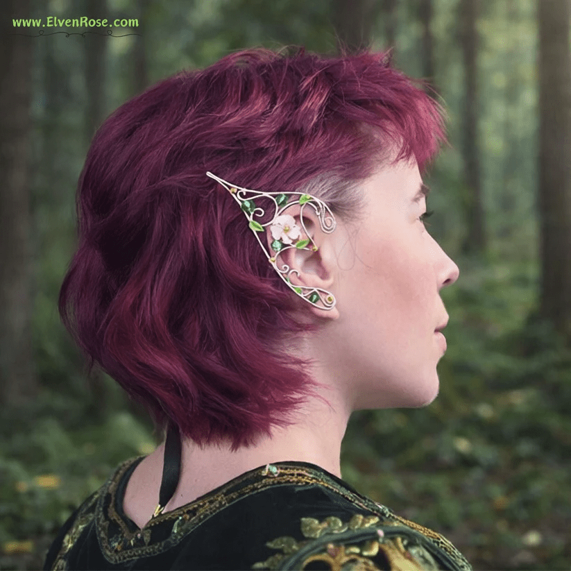 "Spring Blossom Elf Ear Cuffs" Handcrafted Elven Earrings with Flowers & Crystals - Elven Rose