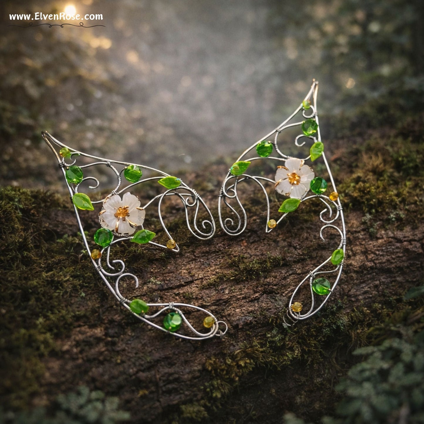 "Spring Blossom Elf Ear Cuffs" Handcrafted Elven Earrings with Flowers & Crystals - Elven Rose