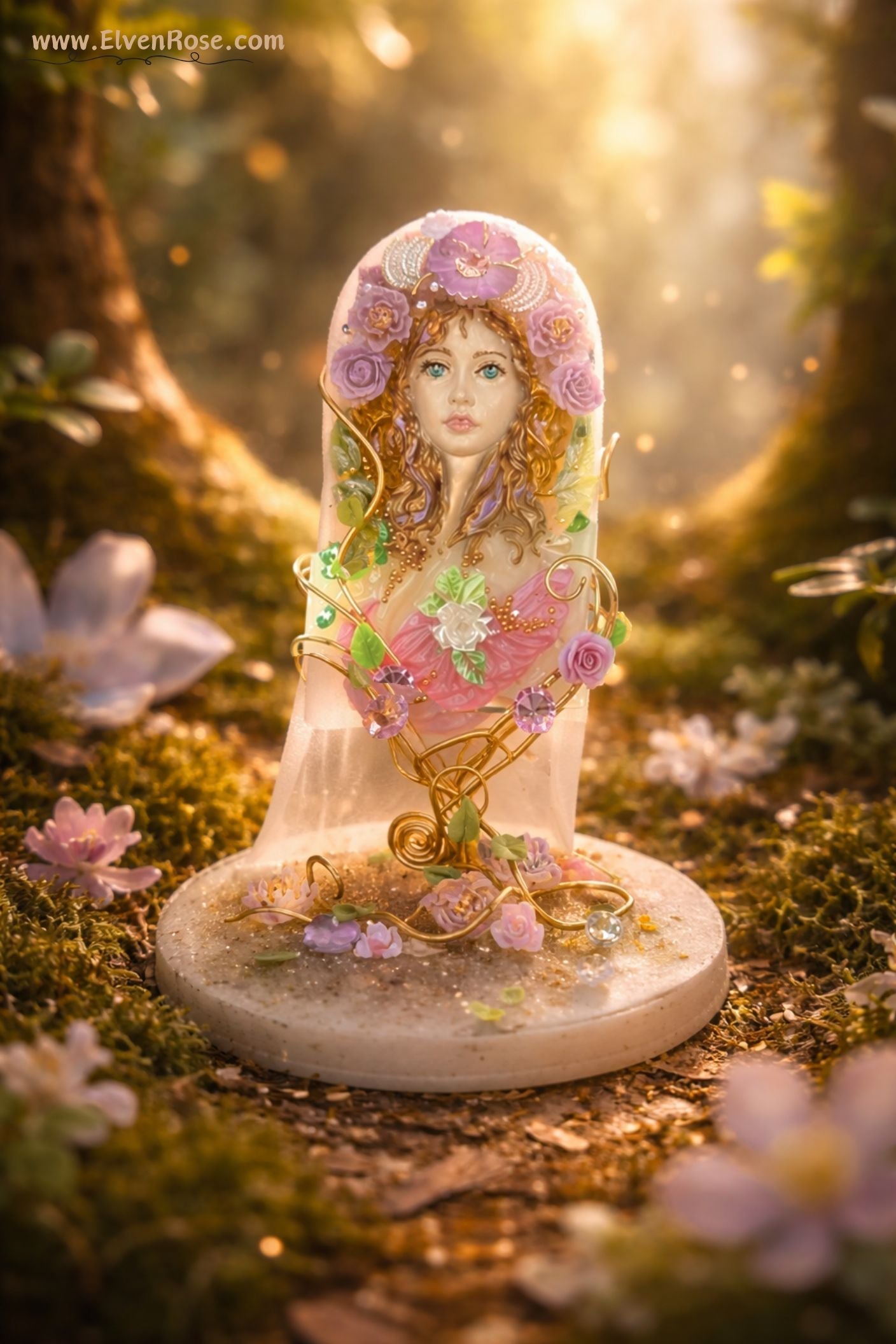 Spring Goddess Figurine – Handmade Resin Art with Crystals & Gold Wire - Elven Rose