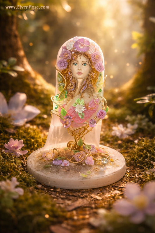 Spring Goddess Figurine – Handmade Resin Art with Crystals & Gold Wire - Elven Rose