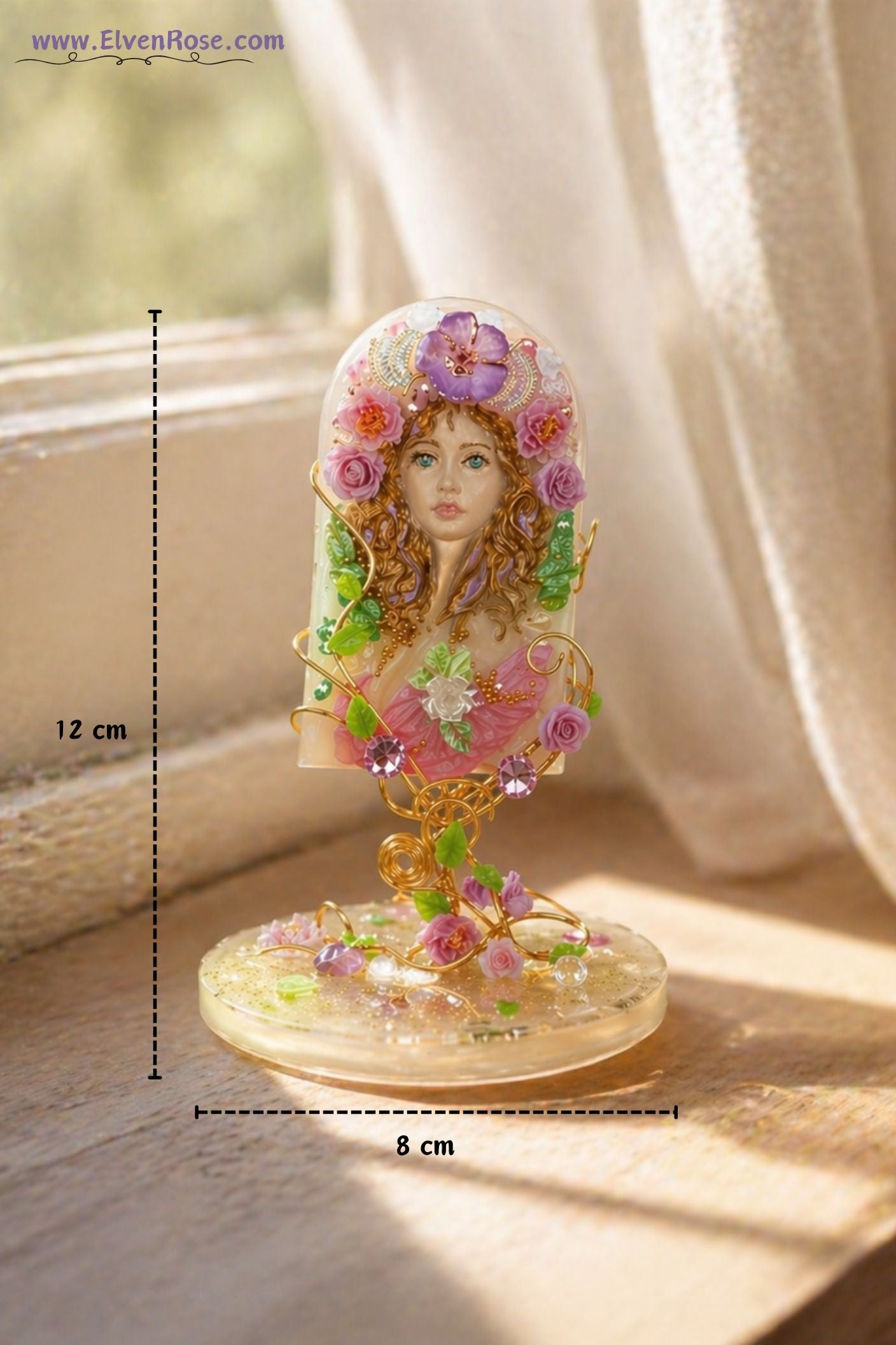 Spring Goddess Figurine – Handmade Resin Art with Crystals & Gold Wire - Elven Rose