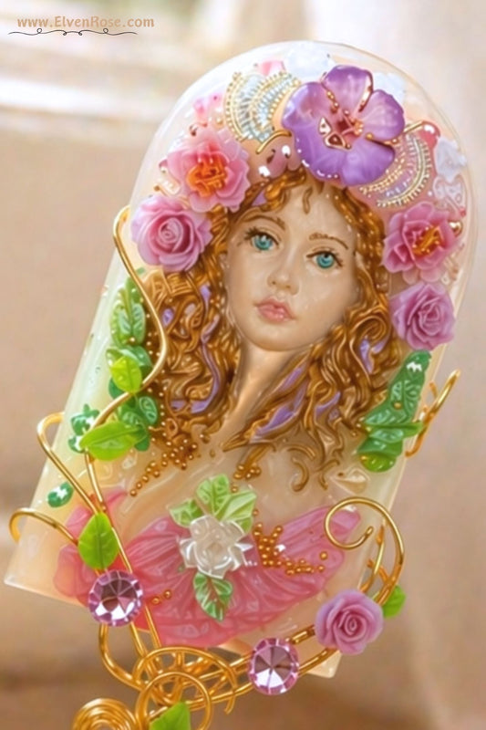 Spring Goddess Figurine – Handmade Resin Art with Crystals & Gold Wire - Elven Rose