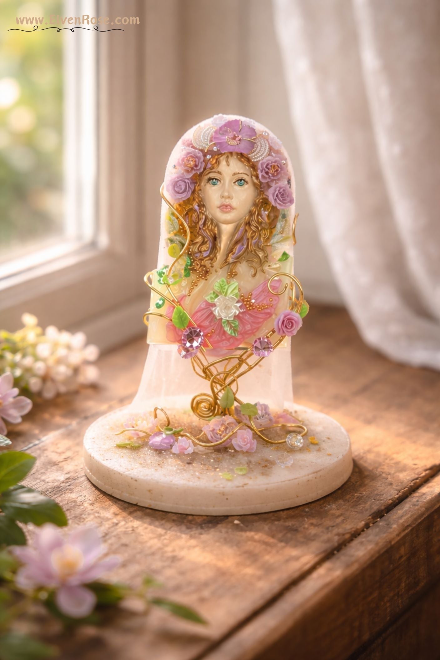 Spring Goddess Figurine – Handmade Resin Art with Crystals & Gold Wire - Elven Rose
