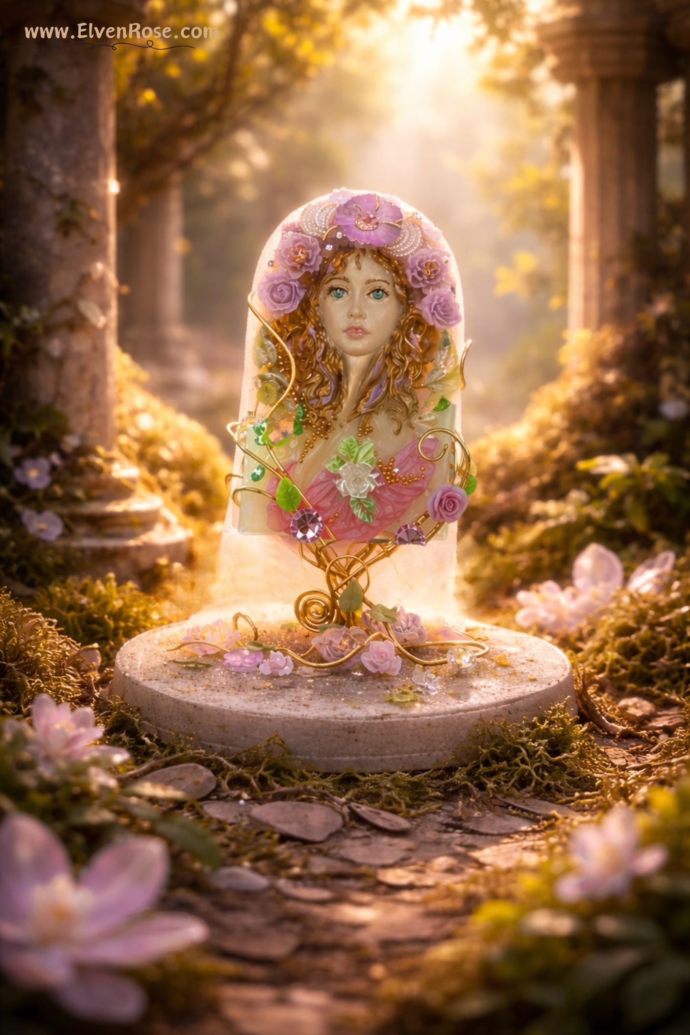 Spring Goddess Figurine – Handmade Resin Art with Crystals & Gold Wire - Elven Rose