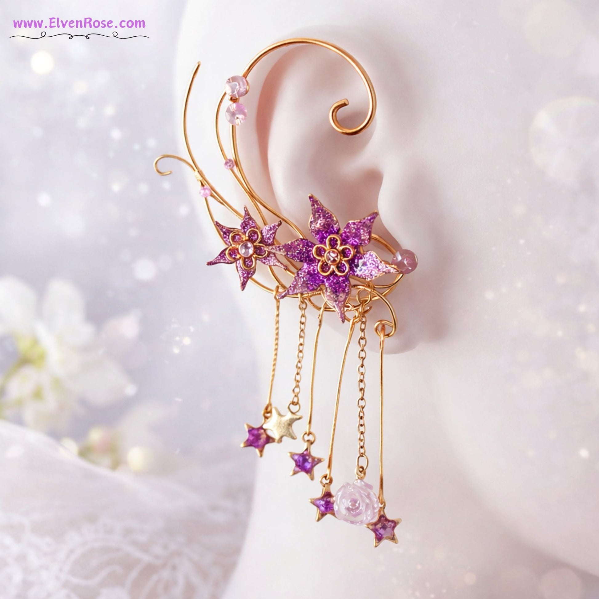 Starlight Bloom Elf Ear Wrap - Elven Rose