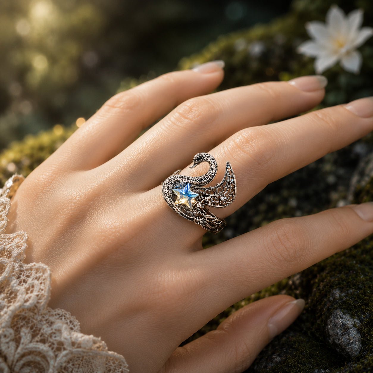 "Swan Ring" adjustable silver ring - Elven Rose