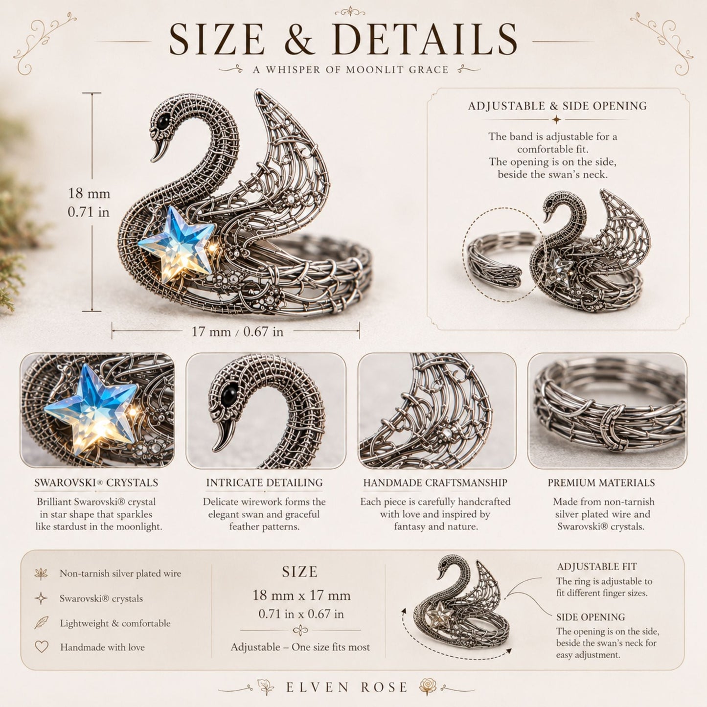 "Swan Ring" adjustable silver ring - Elven Rose