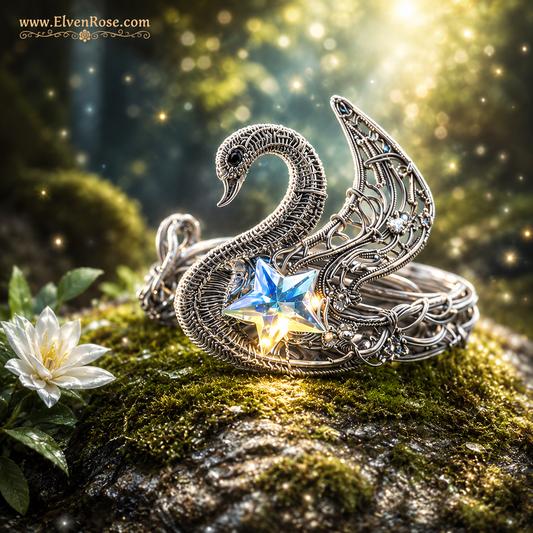 "Swan Ring" adjustable silver ring - Elven Rose