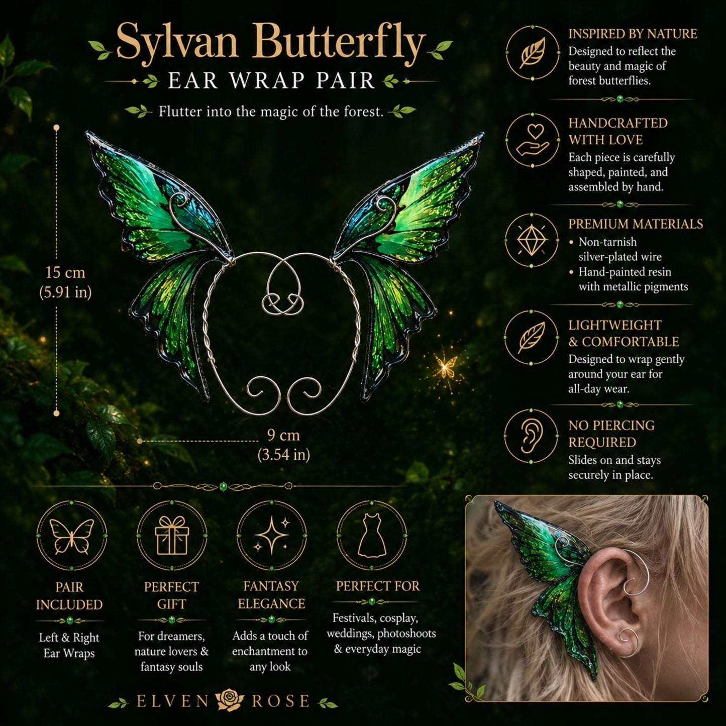 Sylvan Butterfly Ear Wrap Pair - Elven Rose