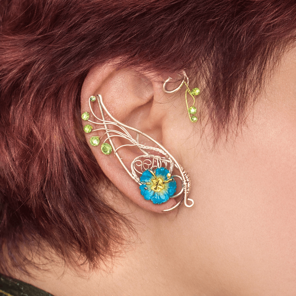Sylvaria Bloom – Elven Ear Wrap Pair with Blue Flower - Elven Rose