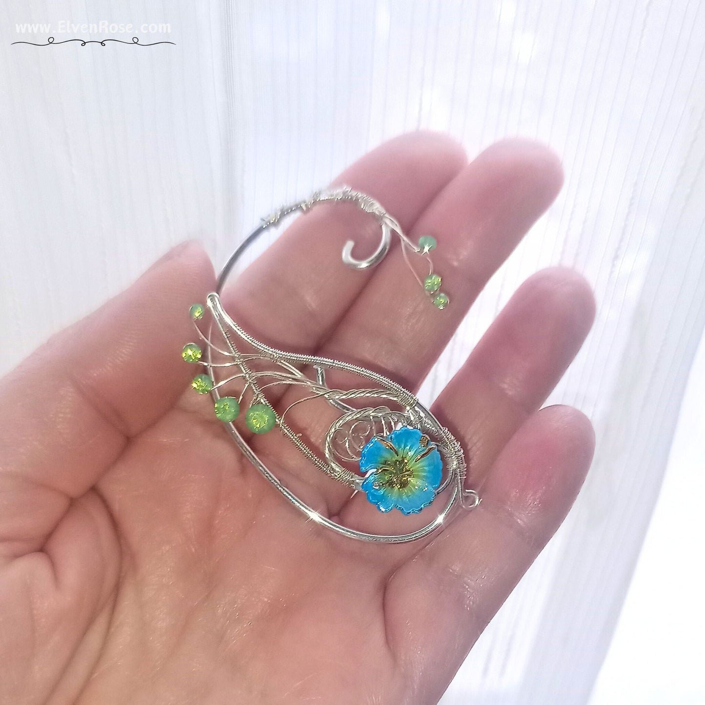 Sylvaria Bloom – Elven Ear Wrap with Blue Flower - Elven Rose