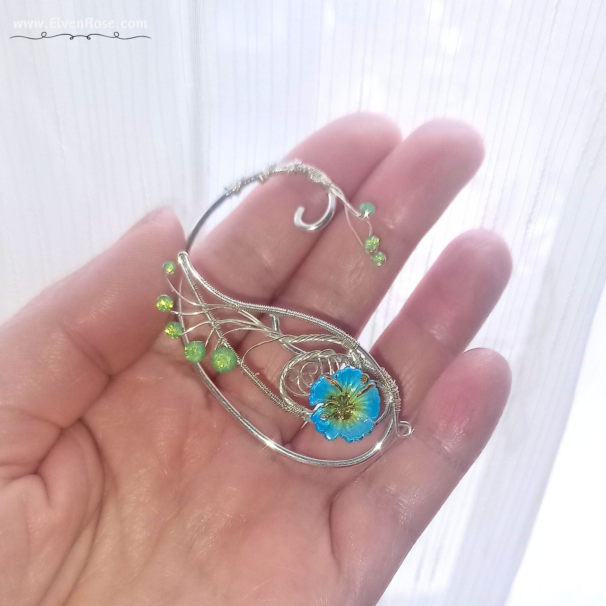 Sylvaria Bloom – Elven Ear Wrap with Blue Flower - Elven Rose