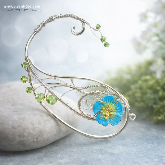 Sylvaria Bloom – Elven Ear Wrap with Blue Flower - Elven Rose