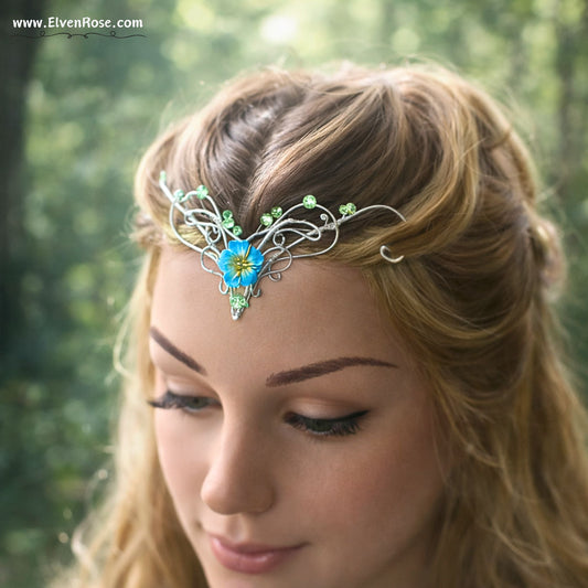 Sylvaria Bloom – Elven Silver Tiara with Blue Flower - Elven Rose