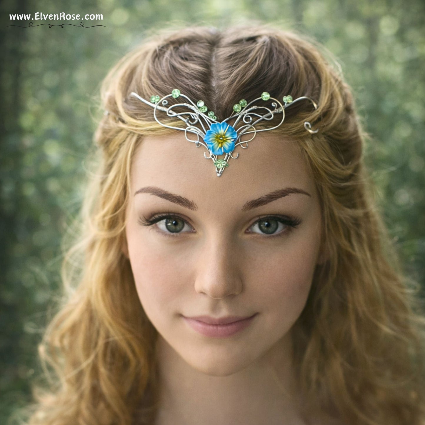 Sylvaria Bloom – Elven Silver Tiara with Blue Flower - Elven Rose