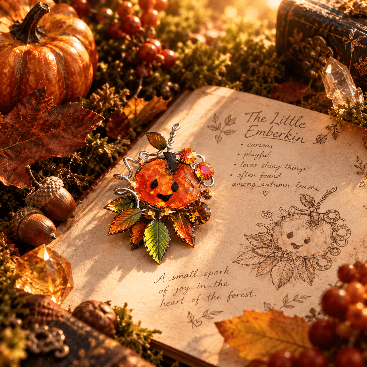 The Little Emberkin – Enchanted Autumn Pumpkin Brooch - Elven Rose