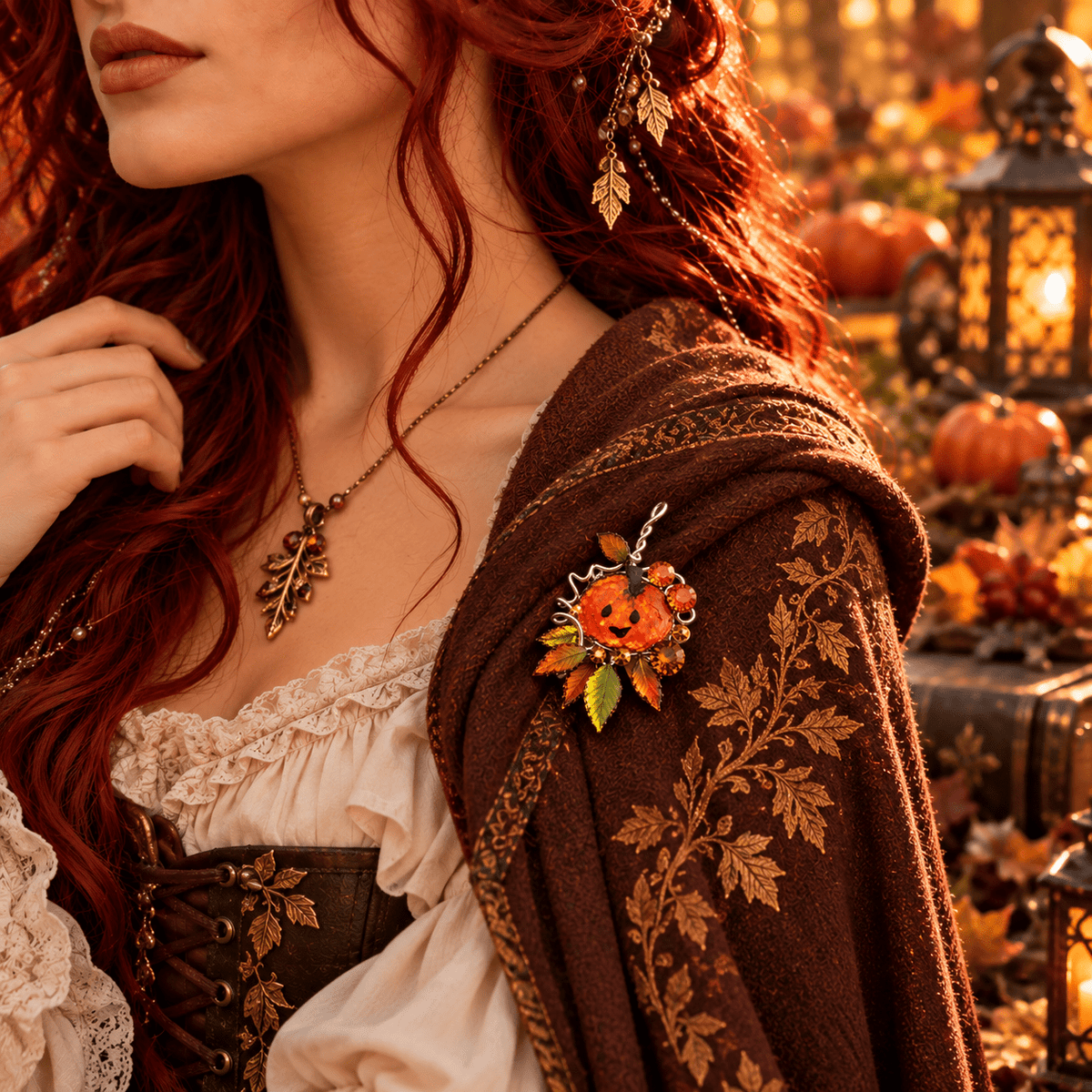 The Little Emberkin – Enchanted Autumn Pumpkin Brooch - Elven Rose