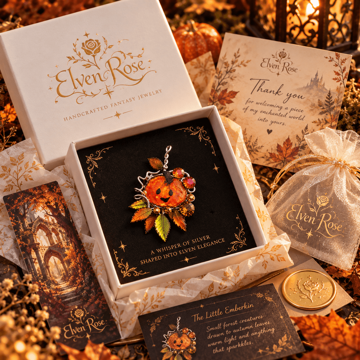 The Little Emberkin – Enchanted Autumn Pumpkin Brooch - Elven Rose