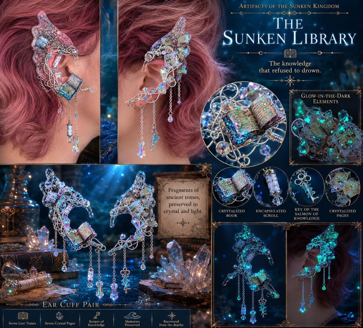 The Sunken Library — Fantasy Ear Cuff Pair - Elven Rose