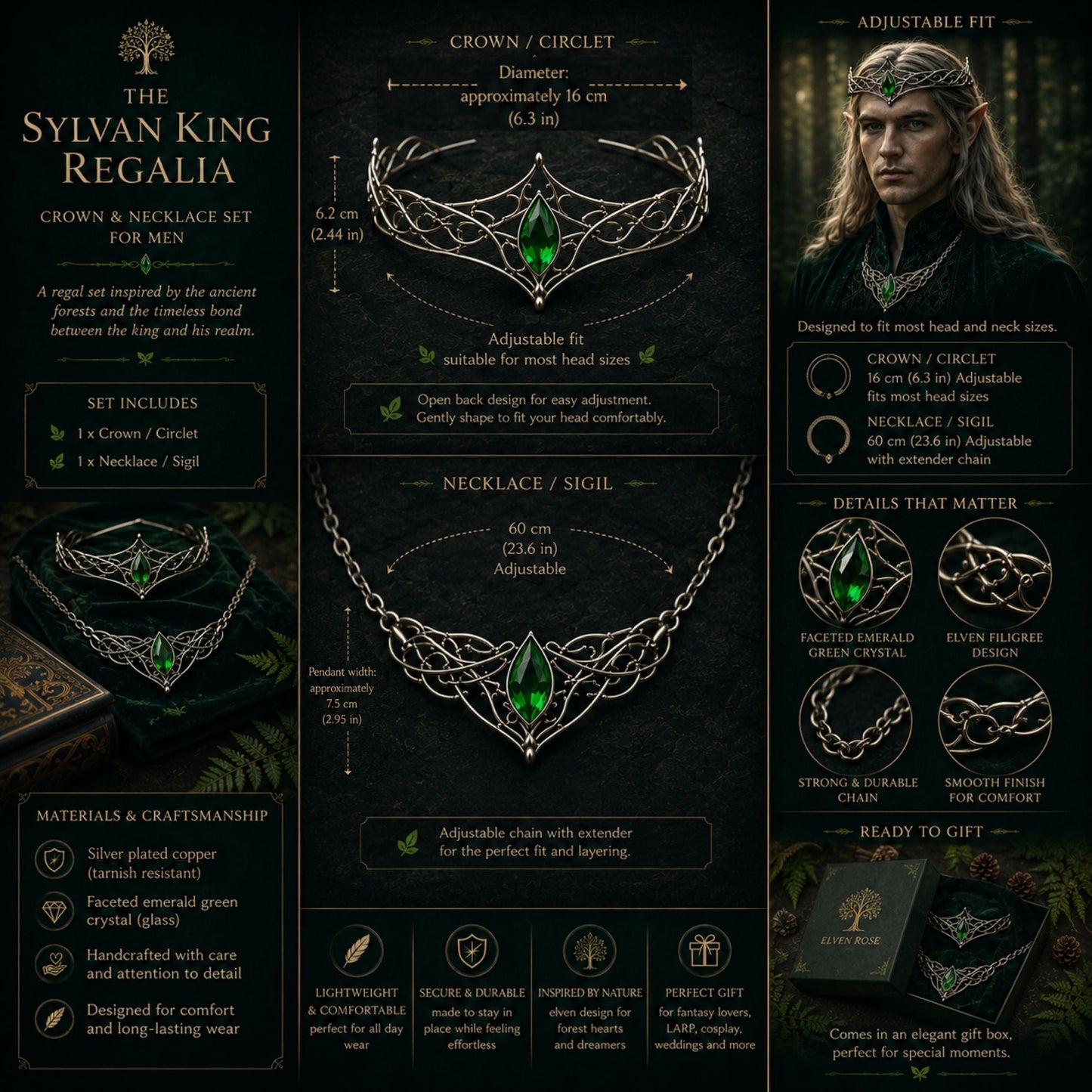 The Sylvan King Regalia – Elven Crown & Necklace Set for Men - Elven Rose