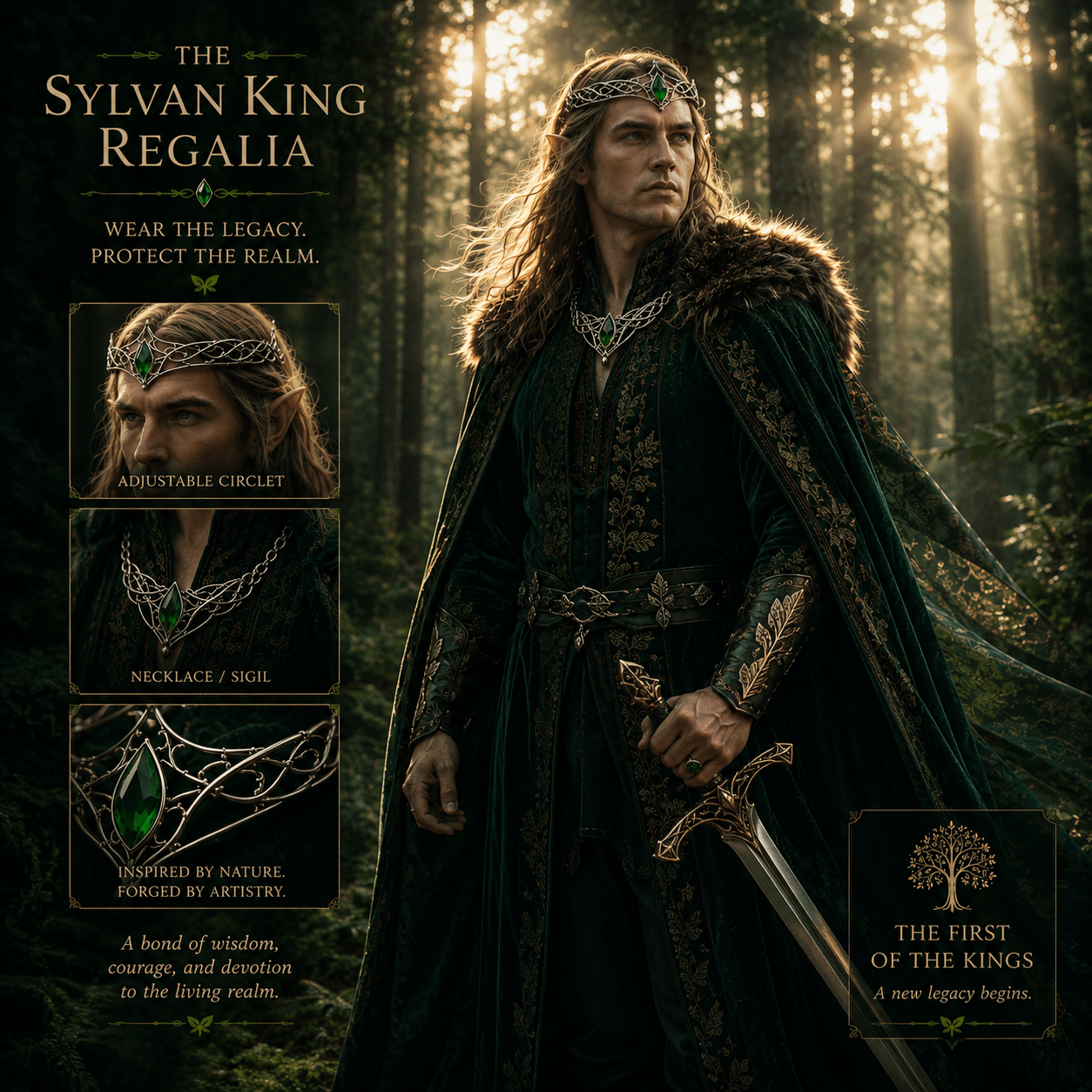 The Sylvan King Regalia – Elven Crown & Necklace Set for Men - Elven Rose
