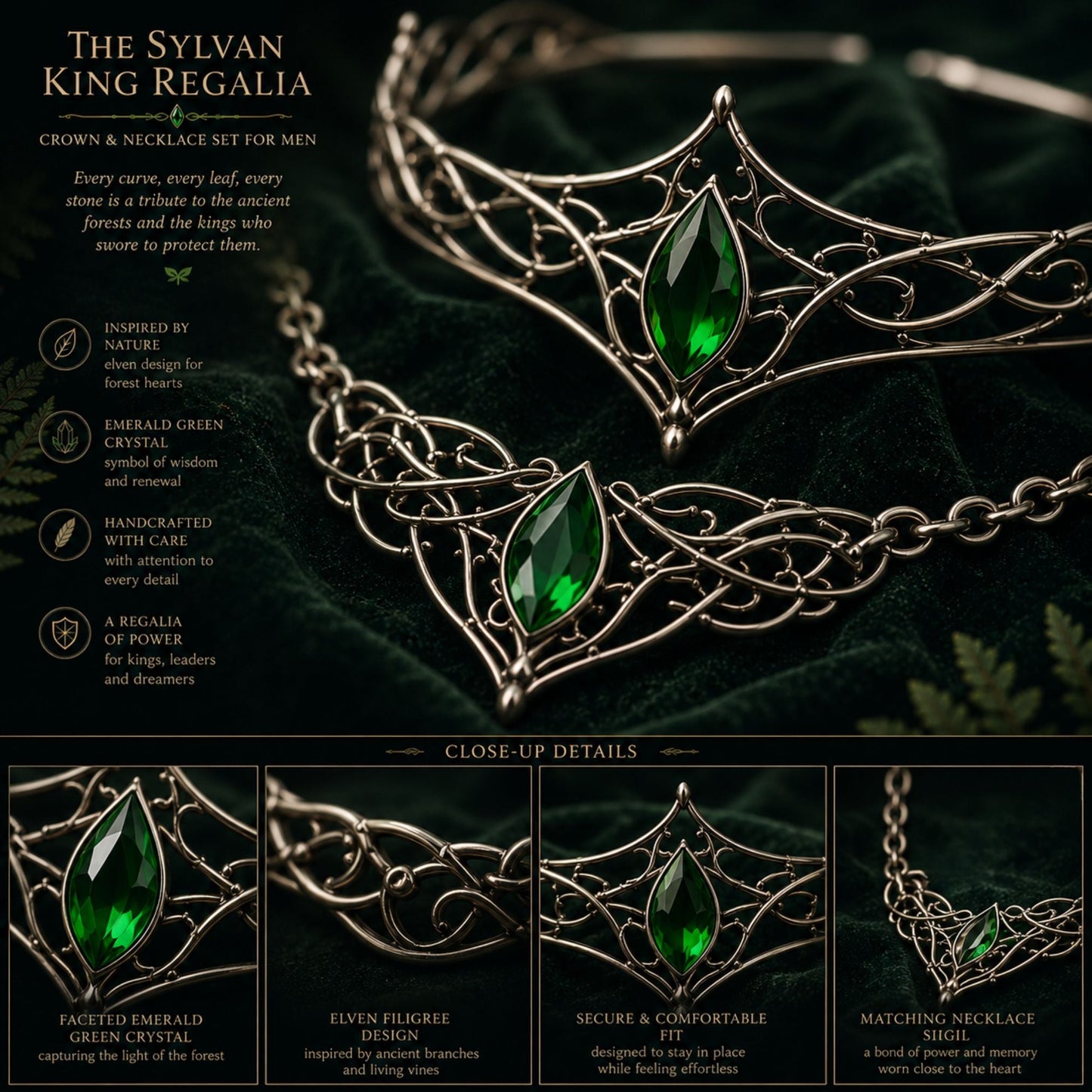 The Sylvan King Regalia – Elven Crown & Necklace Set for Men - Elven Rose