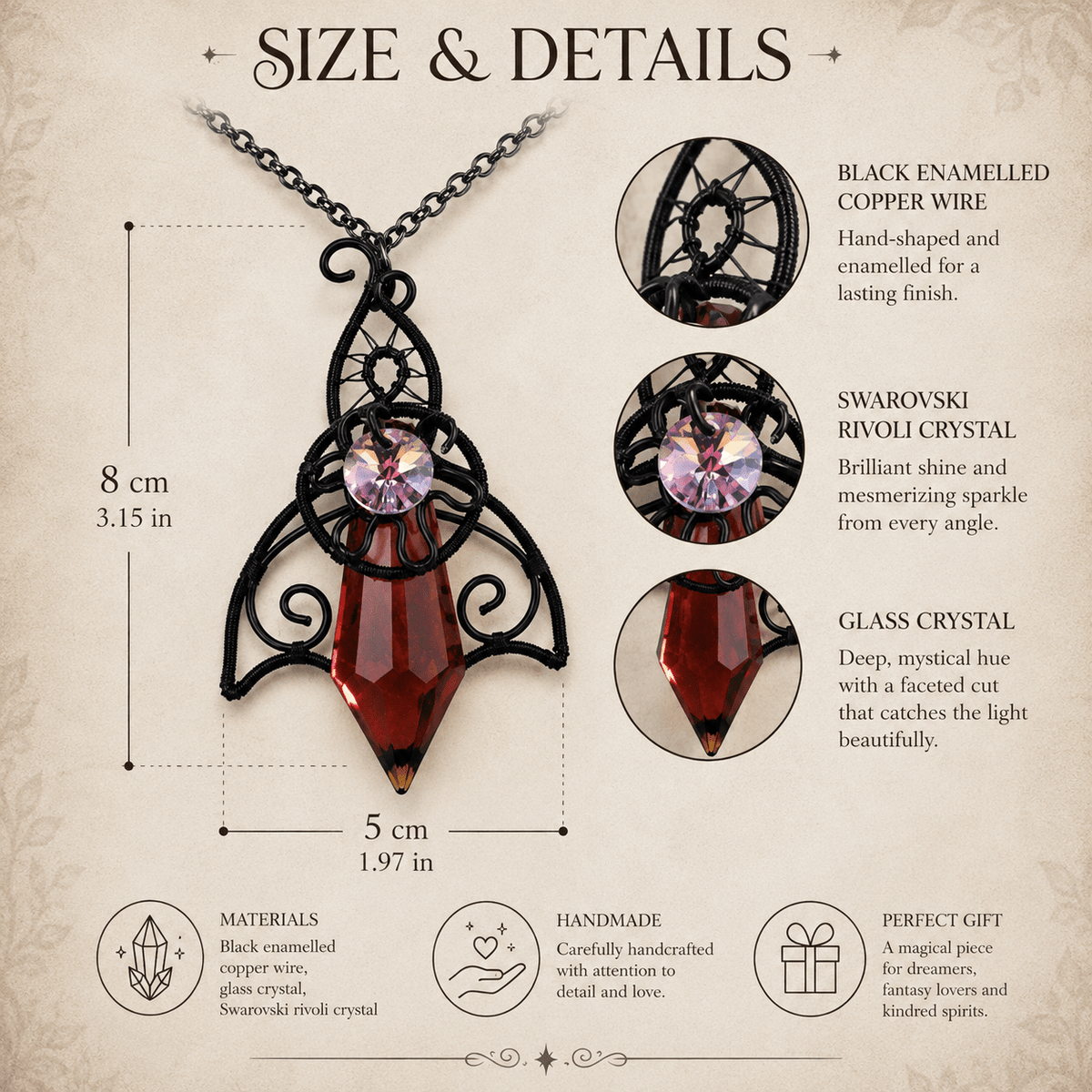 Twilight Talisman Pendant – Gothic Elven Crystal Necklace - Elven Rose