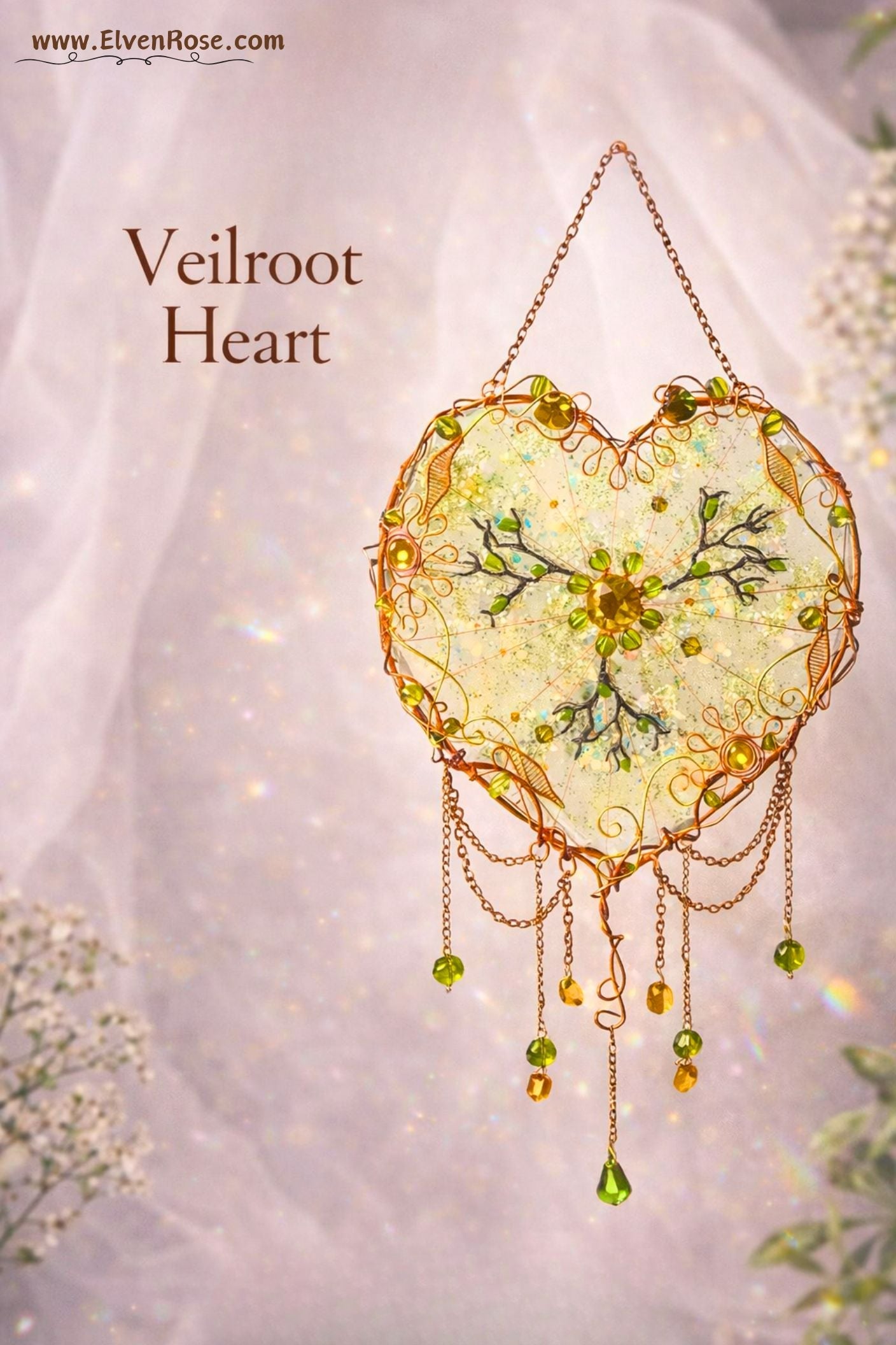 Veilroot Heart – Tree of Life Suncatcher - Elven Rose