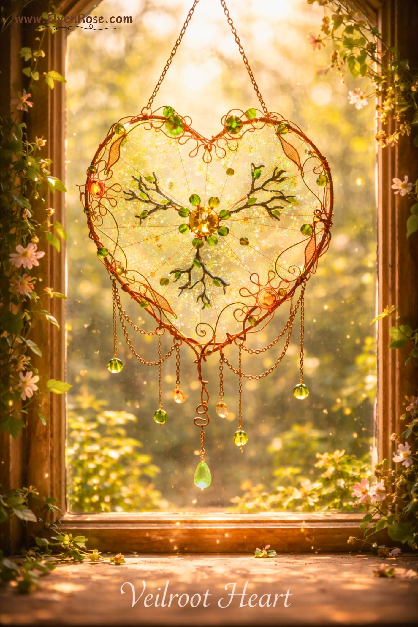 Veilroot Heart – Tree of Life Suncatcher - Elven Rose