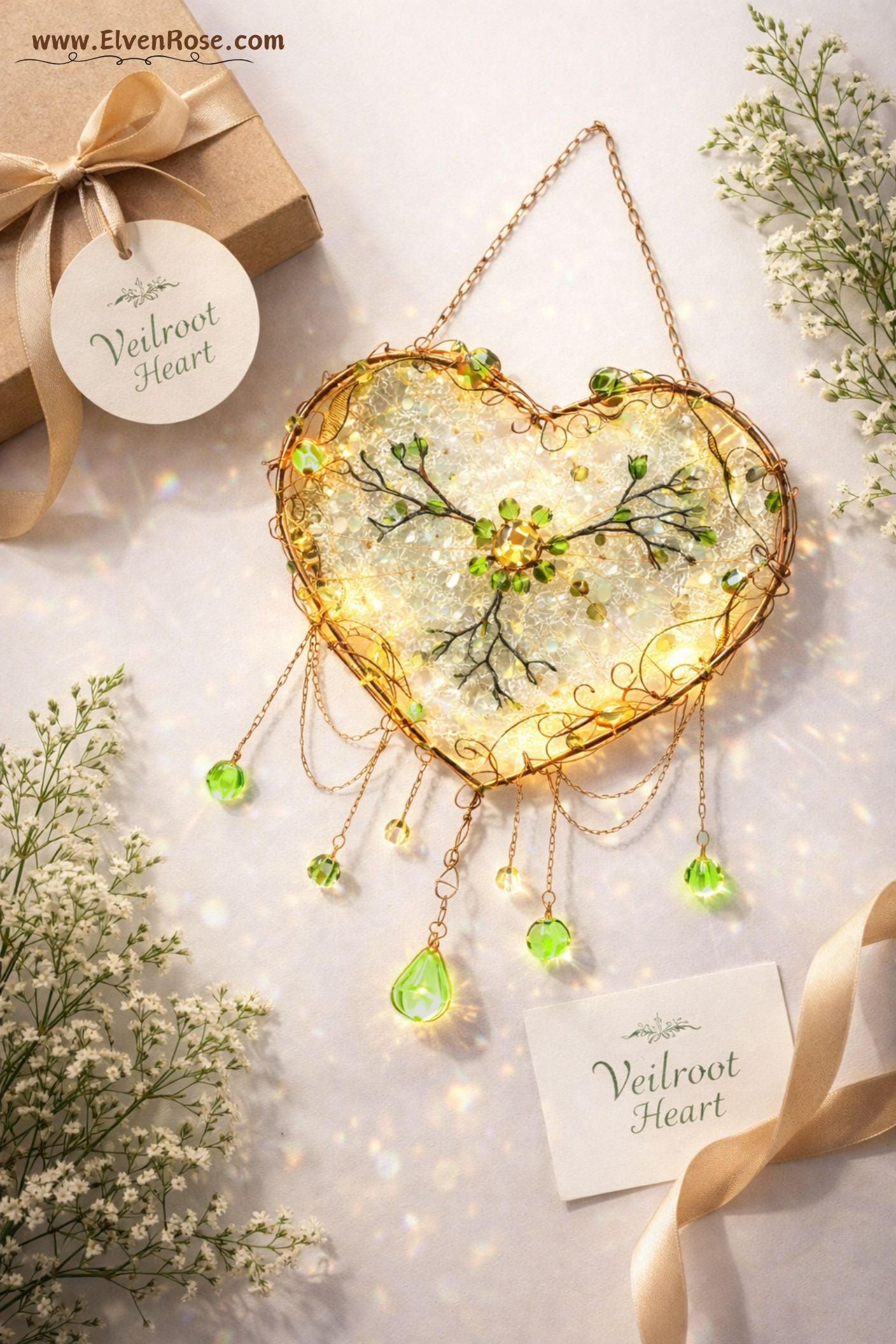 Veilroot Heart – Tree of Life Suncatcher - Elven Rose